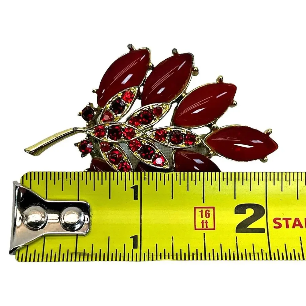Navette Opaque Red Glass Stemmed Flower Leaf Brooch Pin